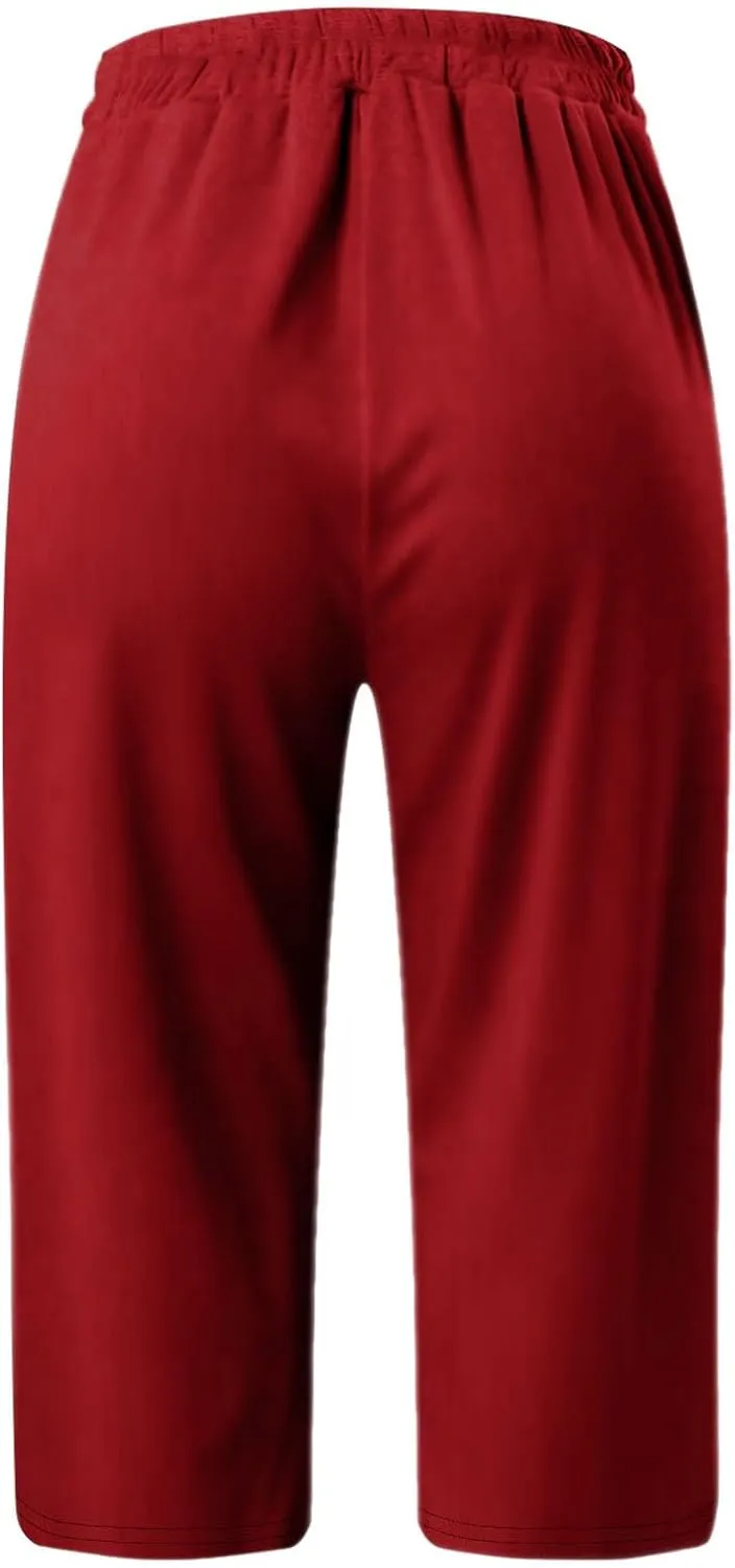 Casual Beach Pants for Women,Loose Fit Cotton Linen Wide Leg Cropped Trousers Elastic Waist Summer Style