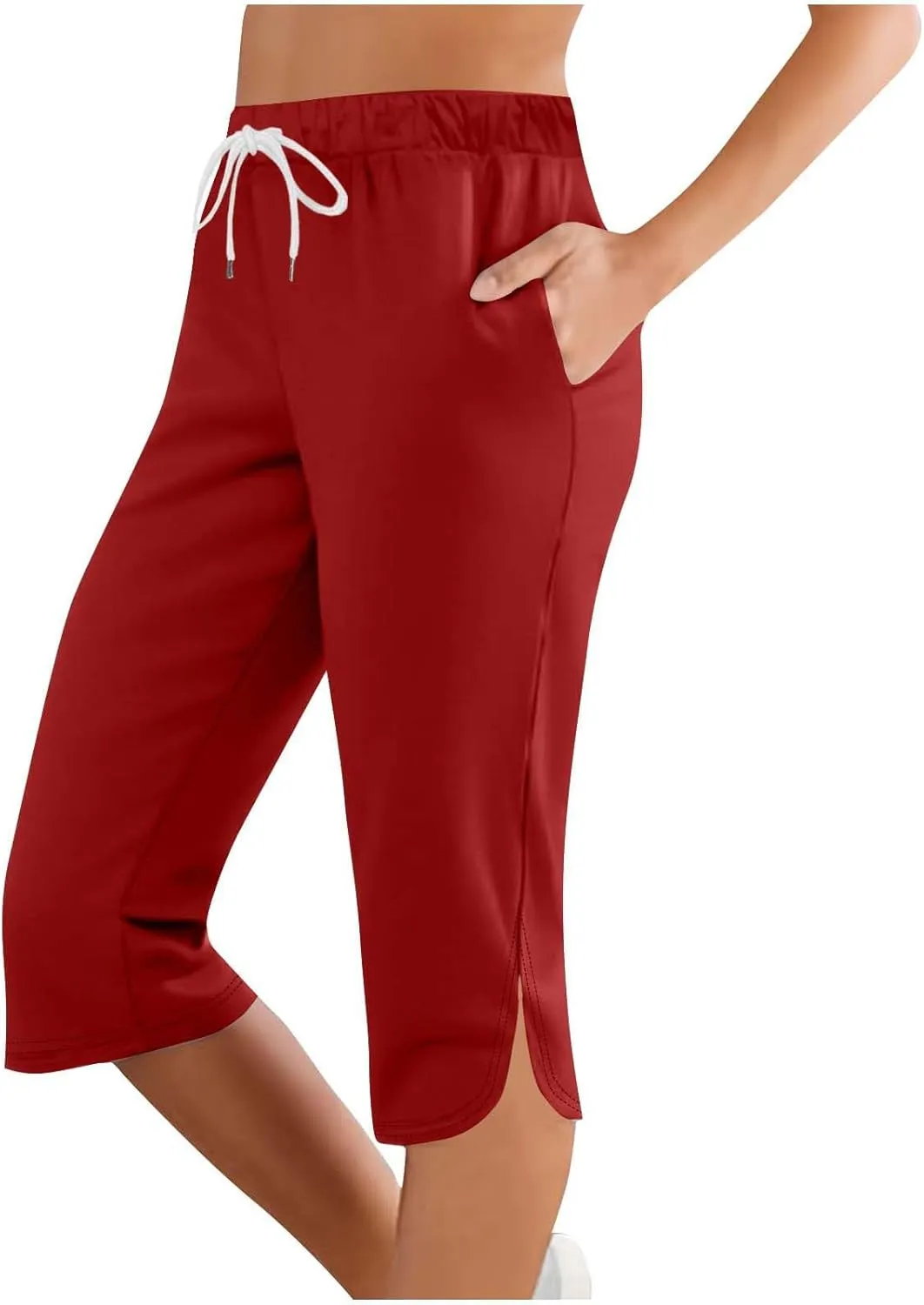 Casual Beach Pants for Women,Loose Fit Cotton Linen Wide Leg Cropped Trousers Elastic Waist Summer Style