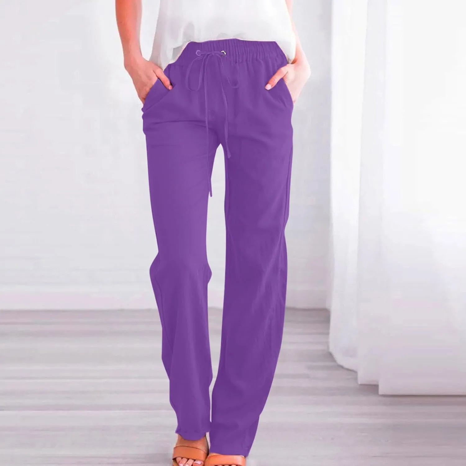 Casual Cotton Linen Pants for Women Lightweight Plus Size Summer Wide Leg Sweatpants Elastic Waist Long Trousers