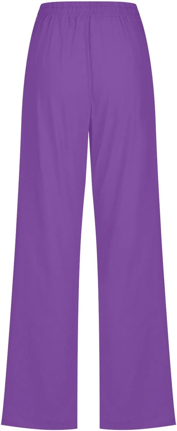 Casual Cotton Linen Pants for Women Lightweight Plus Size Summer Wide Leg Sweatpants Elastic Waist Long Trousers