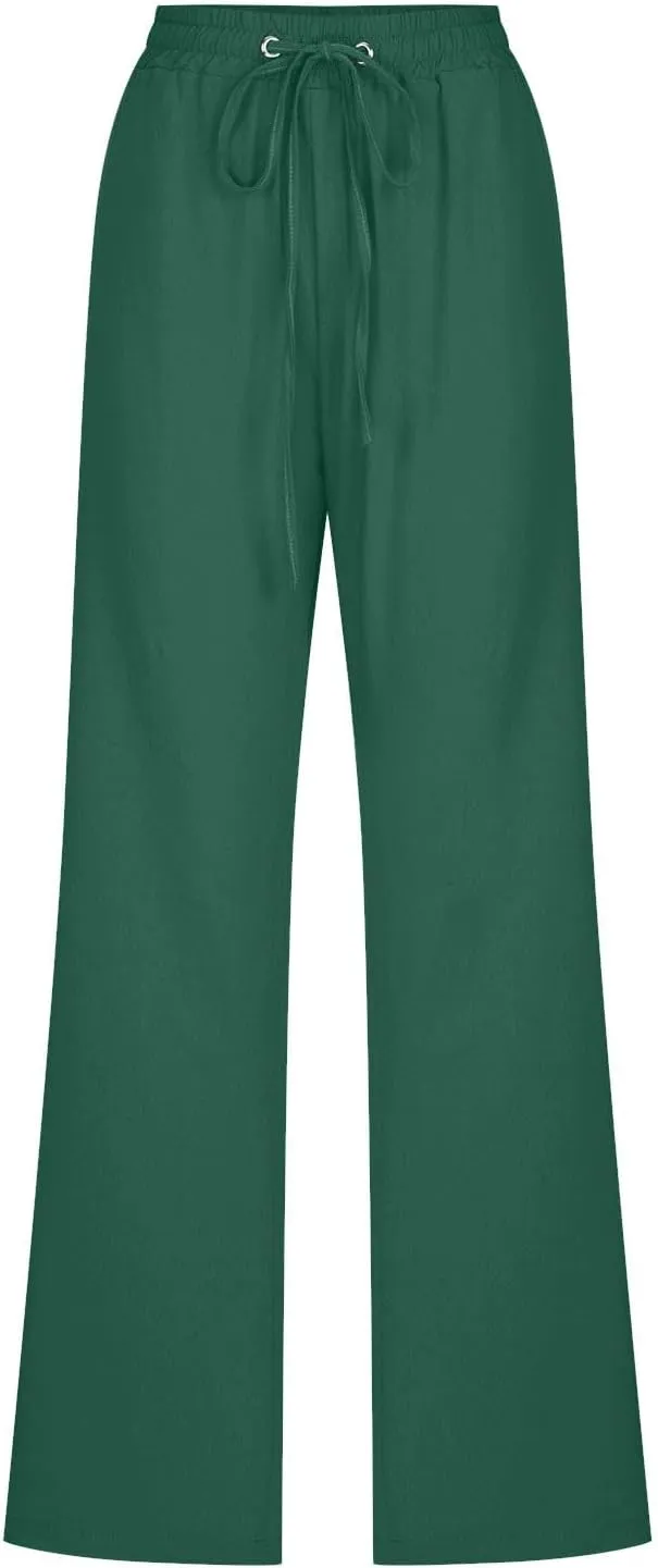 Casual Cotton Linen Pants for Women Lightweight Plus Size Summer Wide Leg Sweatpants Elastic Waist Long Trousers