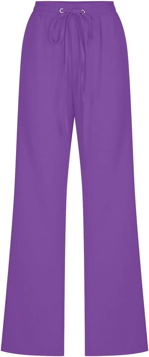 Casual Cotton Linen Pants for Women Lightweight Plus Size Summer Wide Leg Sweatpants Elastic Waist Long Trousers