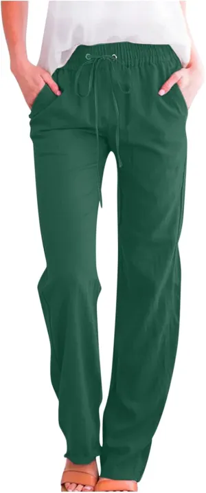 Casual Cotton Linen Pants for Women Lightweight Plus Size Summer Wide Leg Sweatpants Elastic Waist Long Trousers