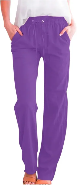 Casual Cotton Linen Pants for Women Lightweight Plus Size Summer Wide Leg Sweatpants Elastic Waist Long Trousers
