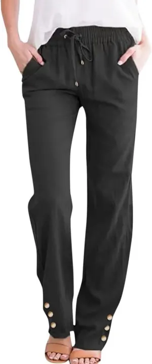 Casual Cotton Linen Pants for Women Summer Loose Fit Straight Leg Trousers Drawstring Elastic Waist Beach Pants