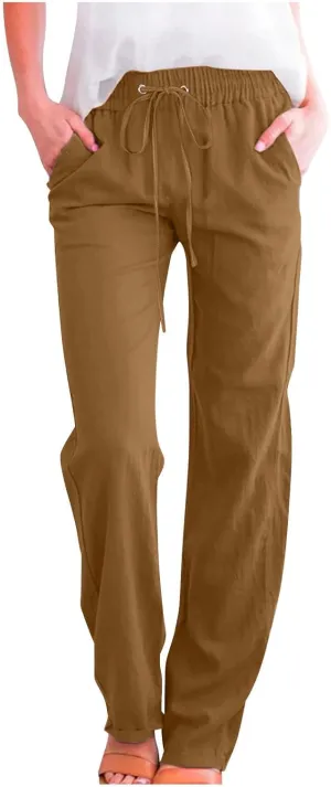 Casual Linen Pants Women Lounge Pants High Waist Drawstring Loose Fit 2025 Summer Trousers with Side Pockets Slacks
