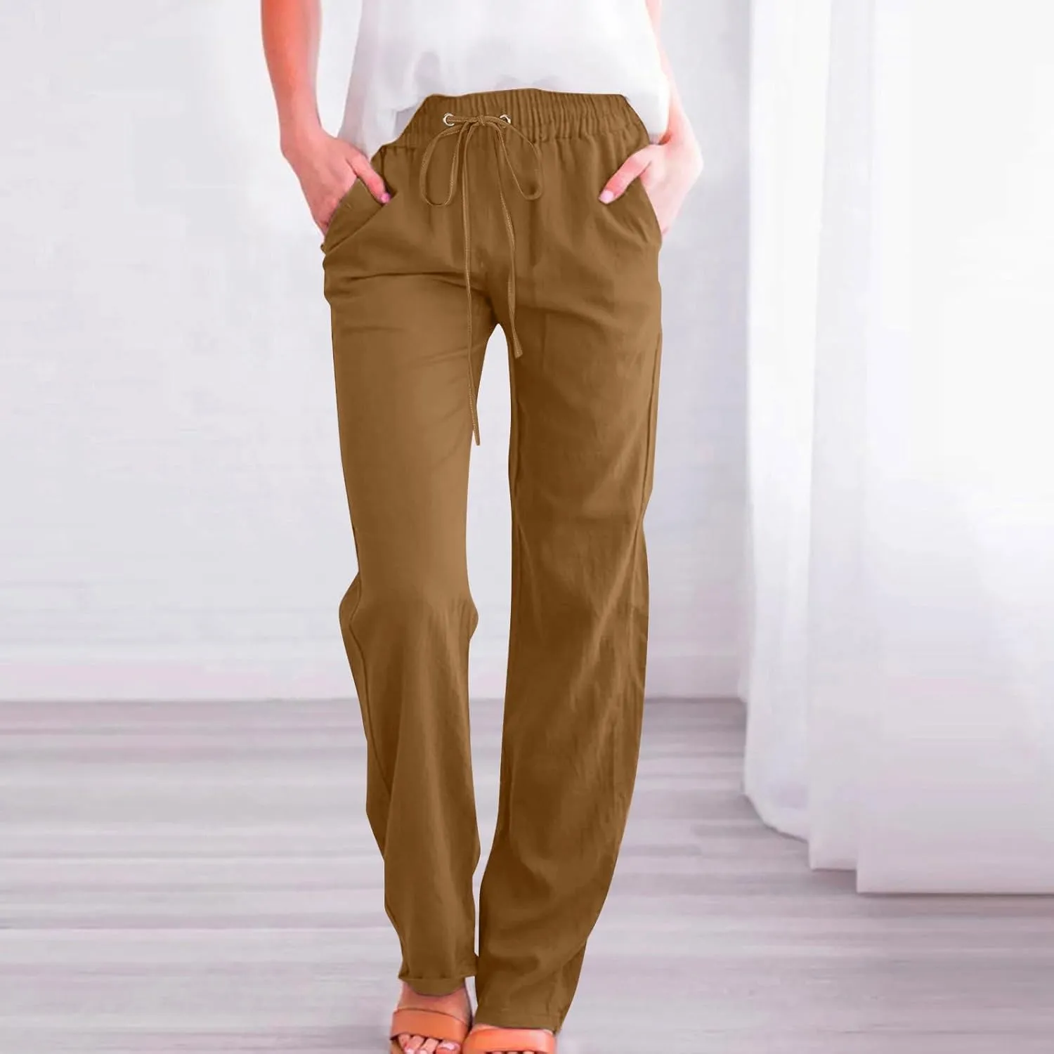 Casual Linen Pants Women Lounge Pants High Waist Drawstring Loose Fit 2025 Summer Trousers with Side Pockets Slacks
