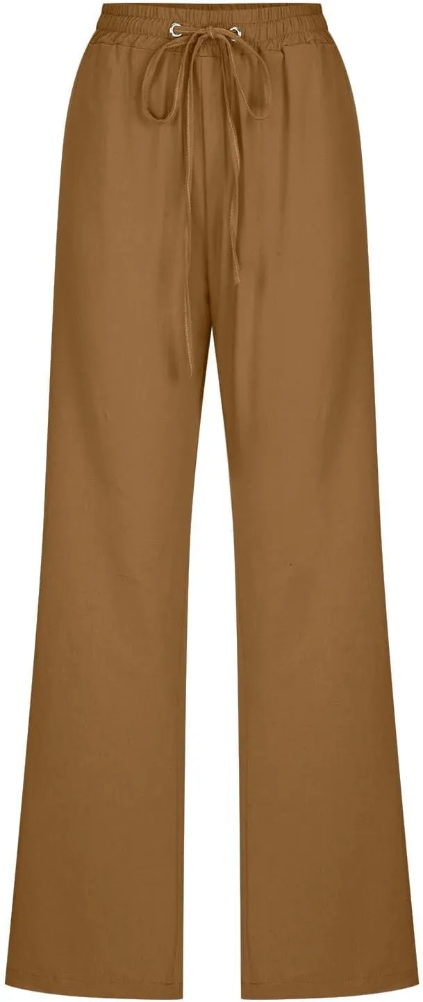 Casual Linen Pants Women Lounge Pants High Waist Drawstring Loose Fit 2025 Summer Trousers with Side Pockets Slacks