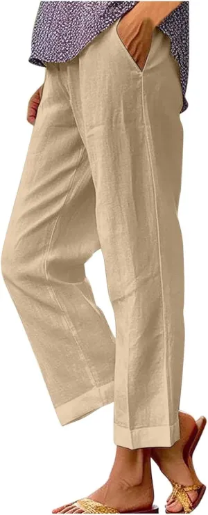 Casual Linen Pants Women Petite High Waist Business Slacks Stretch Flowy Pants 2025 Summer Vacation Linen Trousers