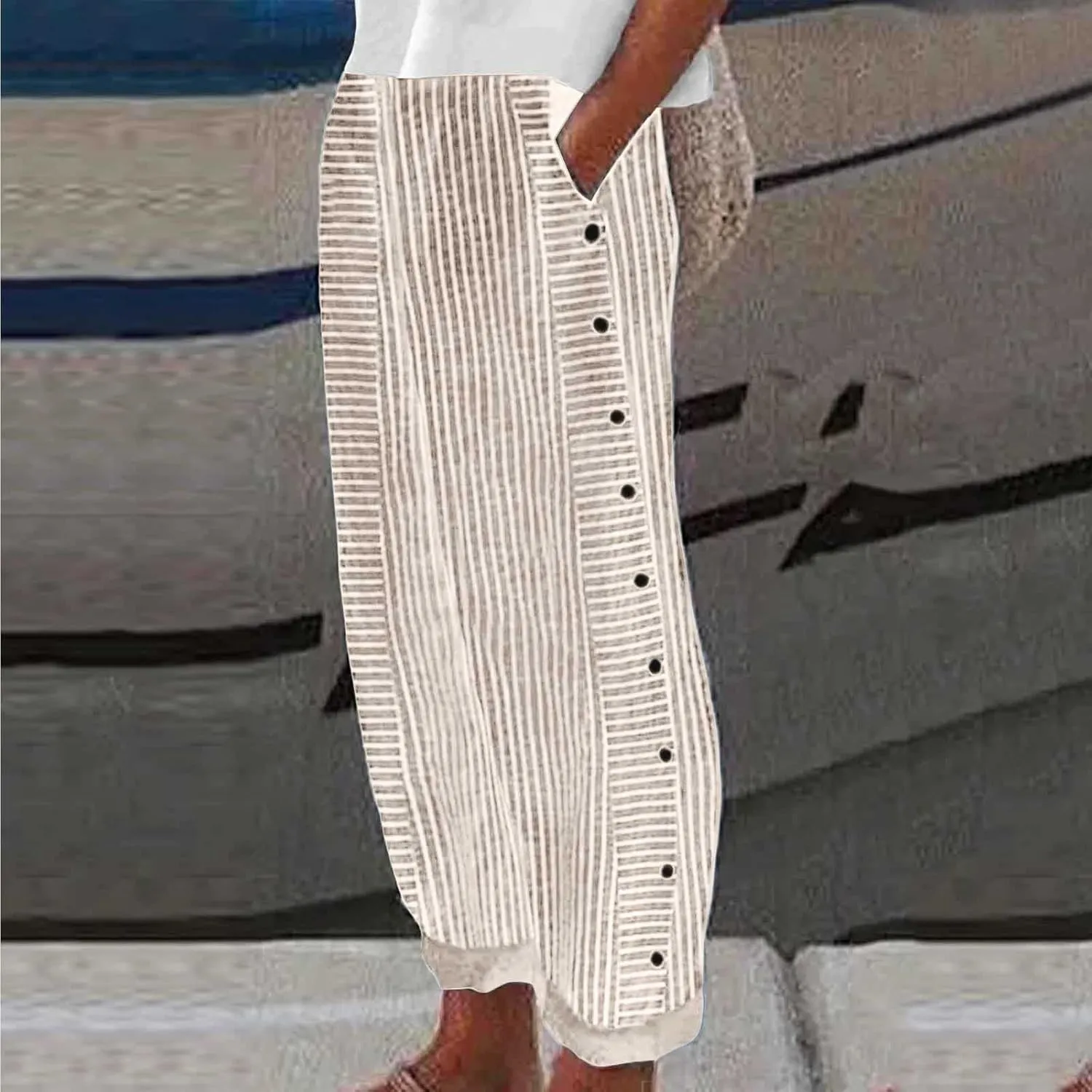 Casual Pants for Women Trendy 2025 Summer Striped Side Pocket Pants Lightweight Elastic Waist Straight Leg Trousers