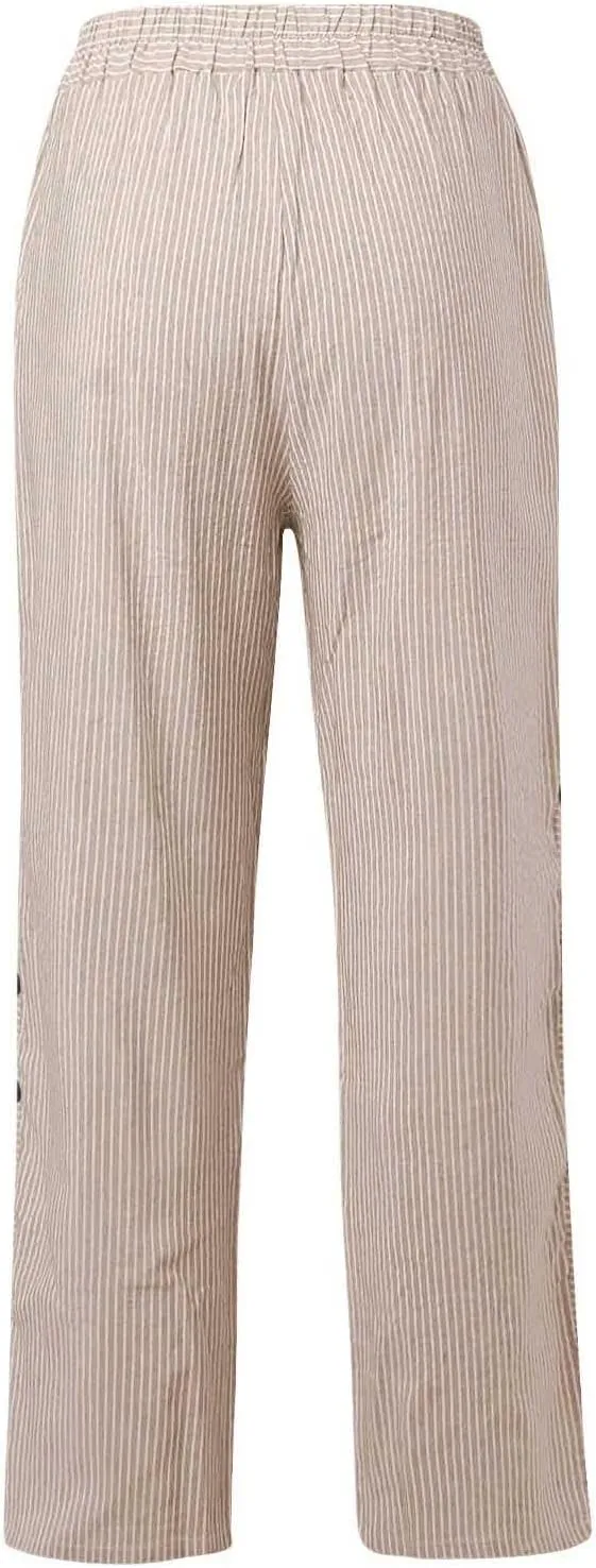 Casual Pants for Women Trendy 2025 Summer Striped Side Pocket Pants Lightweight Elastic Waist Straight Leg Trousers