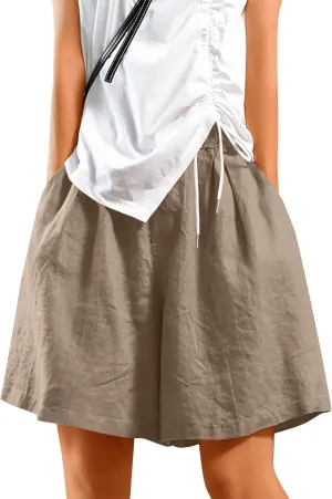 Casual Shorts for Women Dressy Drawstring High Waist Wide Leg 2025 Summer Beach Ruffle Solid Color Outfits with 2 Pockets