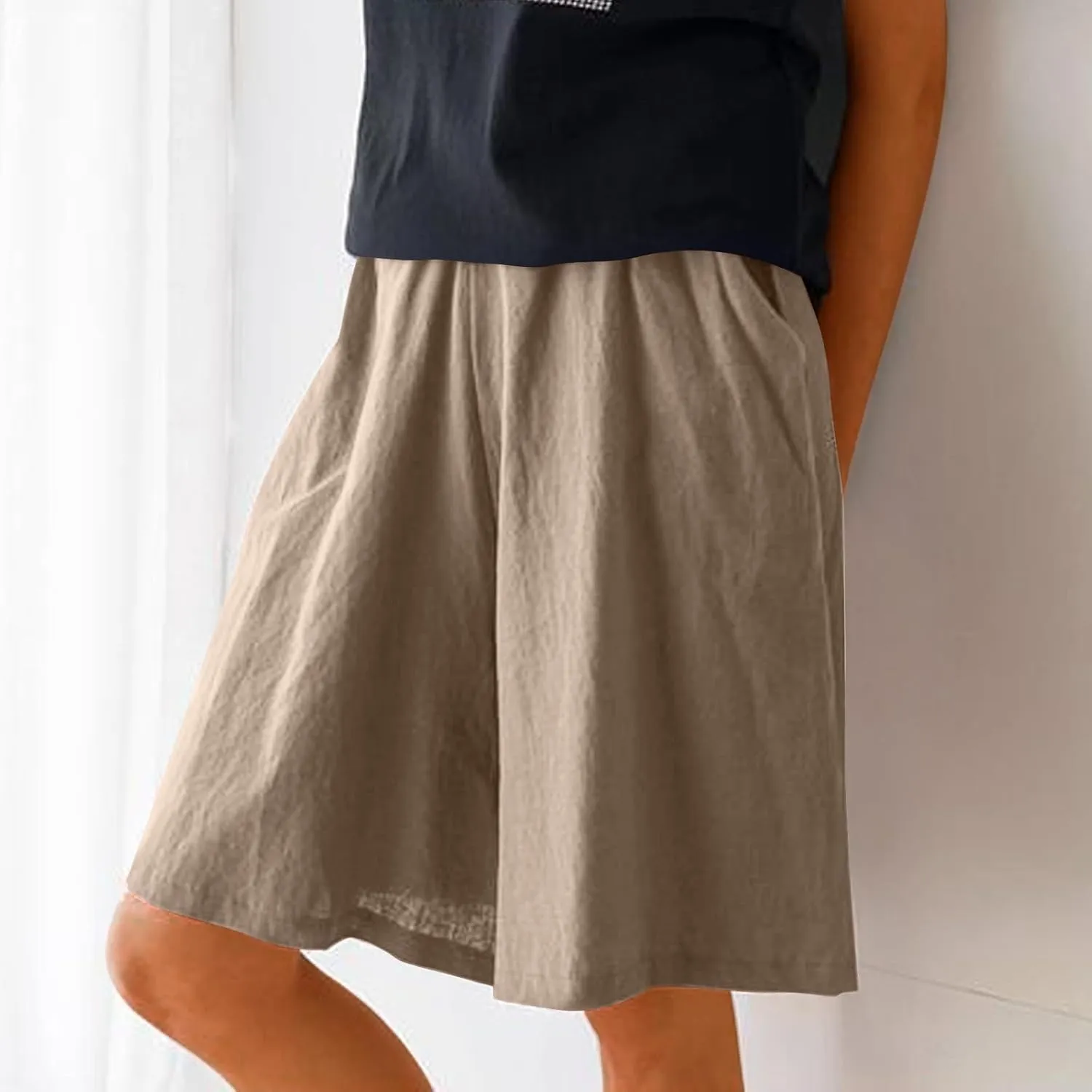 Casual Shorts for Women Dressy Drawstring High Waist Wide Leg 2025 Summer Beach Ruffle Solid Color Outfits with 2 Pockets