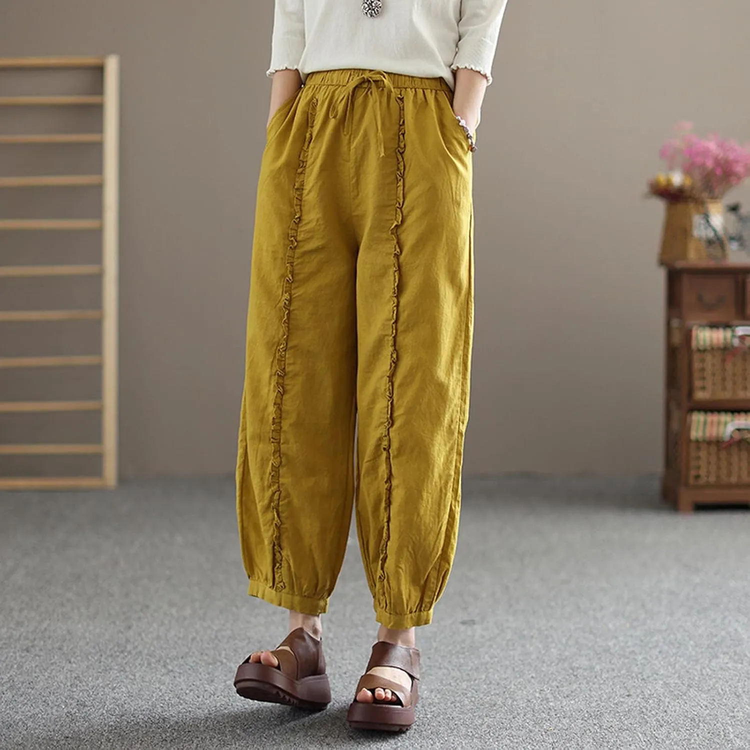 Ceboyel Wide Leg Linen Pants for Women Drawstring Comfy Trousers Elastic Waist Boho Pants Summer Causal Ladies Outfits