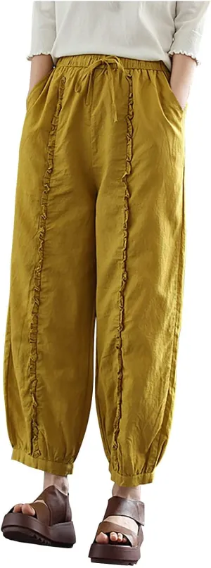 Ceboyel Wide Leg Linen Pants for Women Drawstring Comfy Trousers Elastic Waist Boho Pants Summer Causal Ladies Outfits