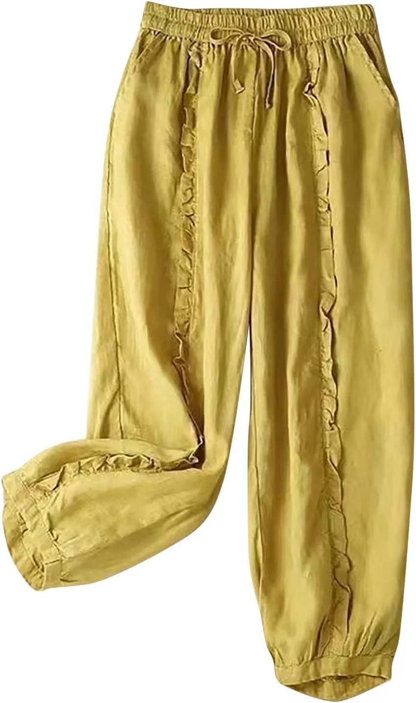 Ceboyel Wide Leg Linen Pants for Women Drawstring Comfy Trousers Elastic Waist Boho Pants Summer Causal Ladies Outfits