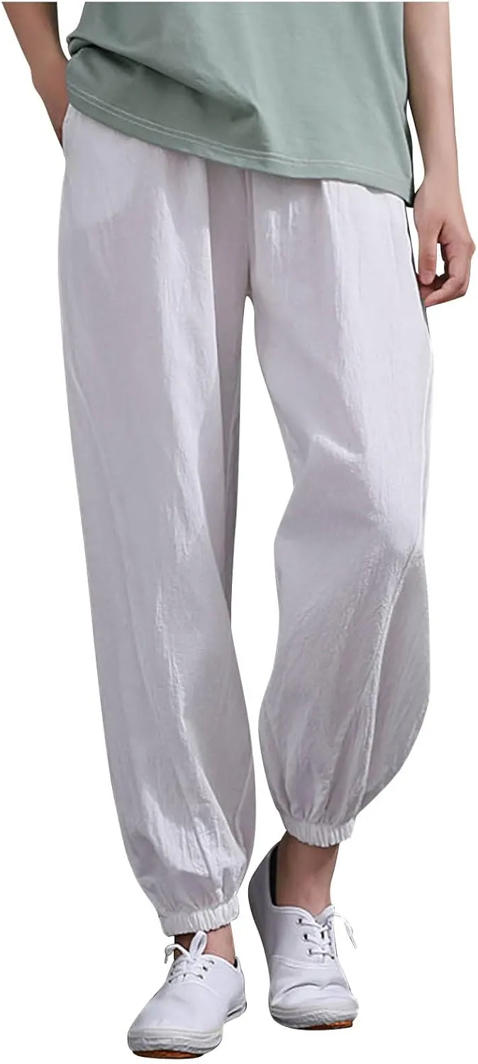 Ceboyel Women Casual Linen Pants Summer Comfy Loose Long Pants Lantern Lounge Beach Trousers with Pockets 2023