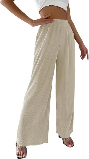 CHARTOU Women's Comfy High Waist Wide-Leg Ruched Plisse Pants Long Lounge Trousers