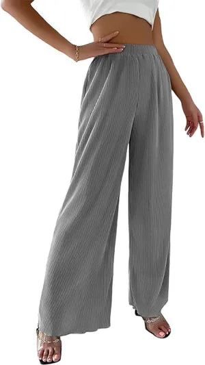 CHARTOU Women's Comfy High Waist Wide-Leg Ruched Plisse Pants Long Lounge Trousers