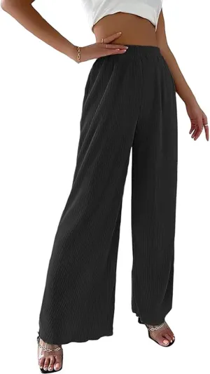 CHARTOU Women's Comfy High Waist Wide-Leg Ruched Plisse Pants Long Lounge Trousers