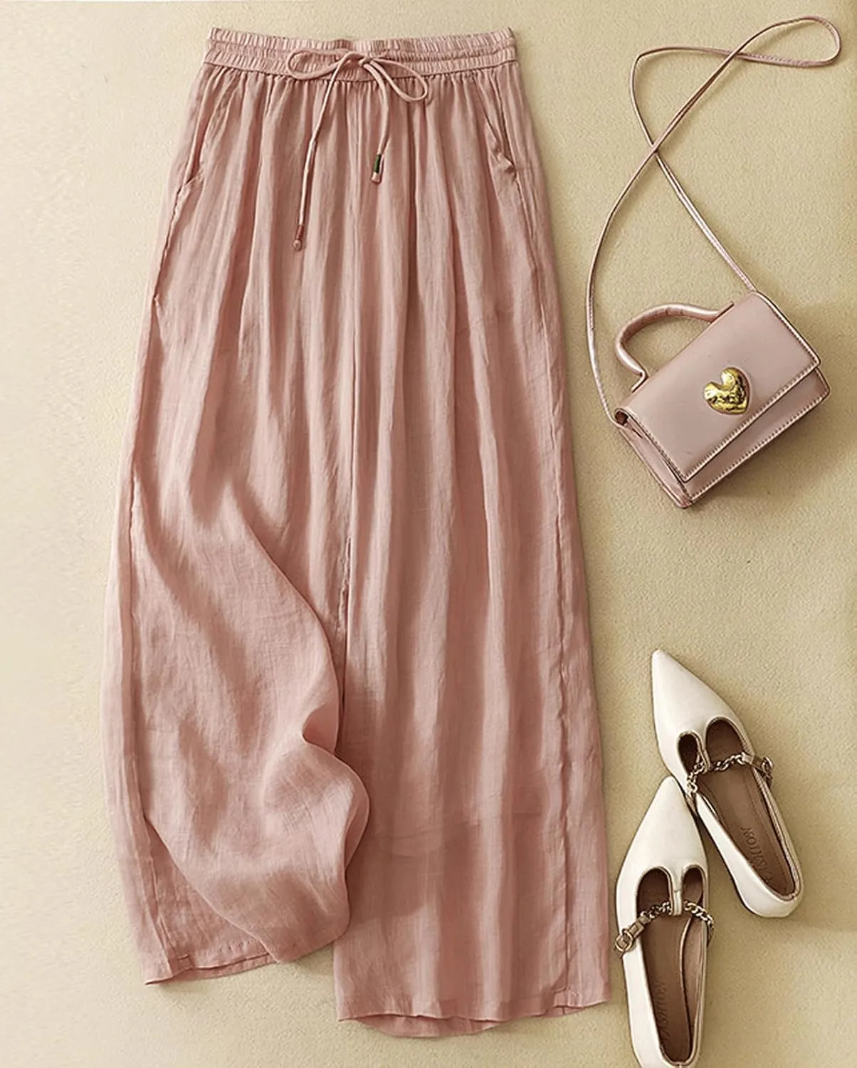 CHARTOU Women's Summer Cotton Linen Pant Drawstring Elastic High Waist Wide Leg Pants Layer Palazzo Trousers
