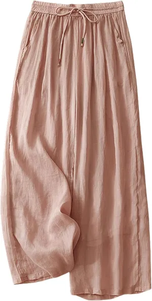 CHARTOU Women's Summer Cotton Linen Pant Drawstring Elastic High Waist Wide Leg Pants Layer Palazzo Trousers