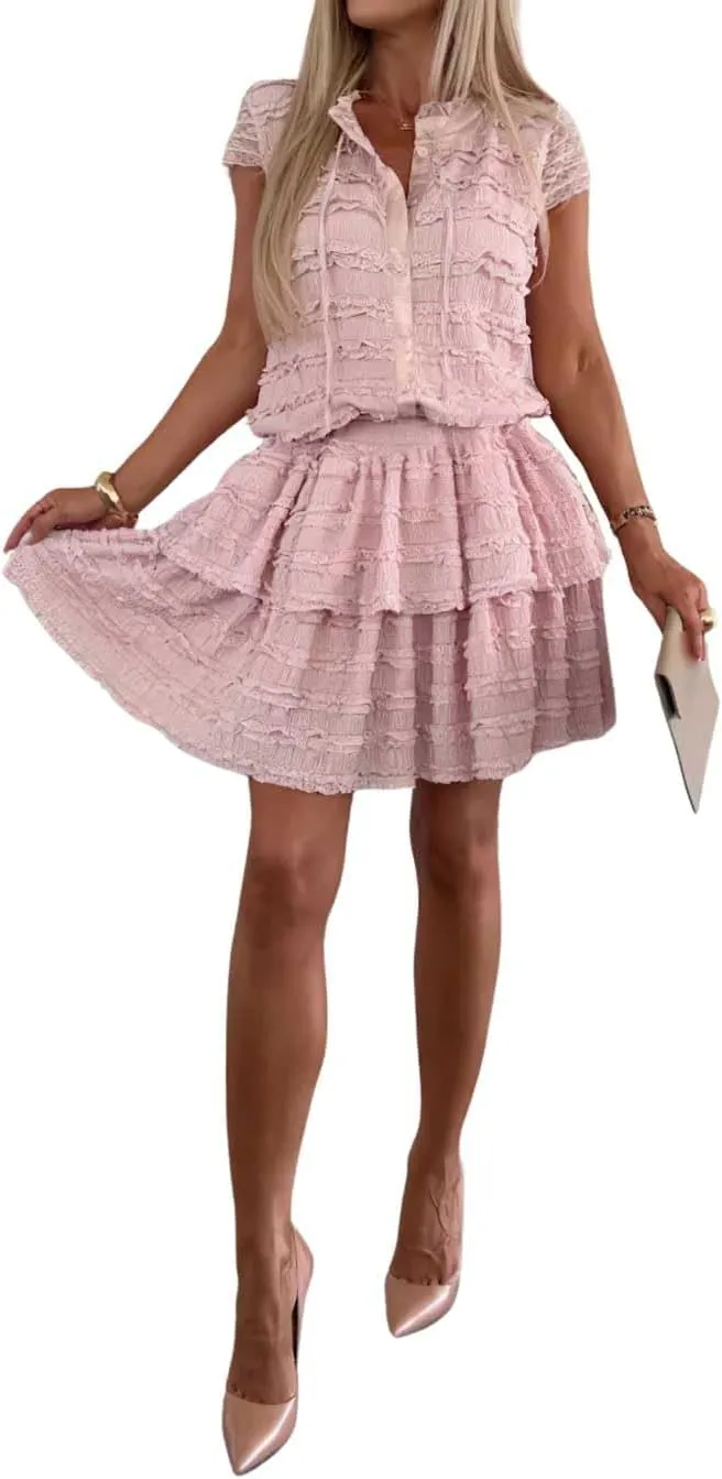 chouyatou Women's Summer Lace Floral 2 Piece Outfits Button Down Top Tiered Ruffle Mini Skirt Matching Set