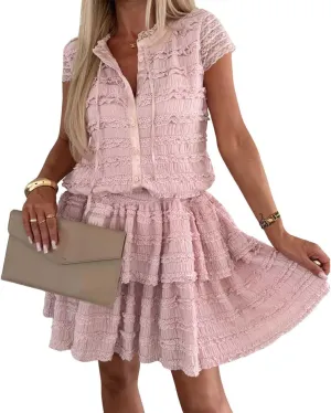 chouyatou Women's Summer Lace Floral 2 Piece Outfits Button Down Top Tiered Ruffle Mini Skirt Matching Set