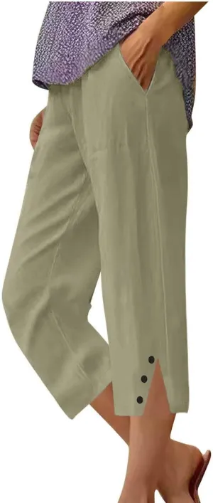 Cotton Linen Capri Pants for Women Elastic Waist Split Hem Casual Capris Summer Loose Comfy Beach Cropped Trouser