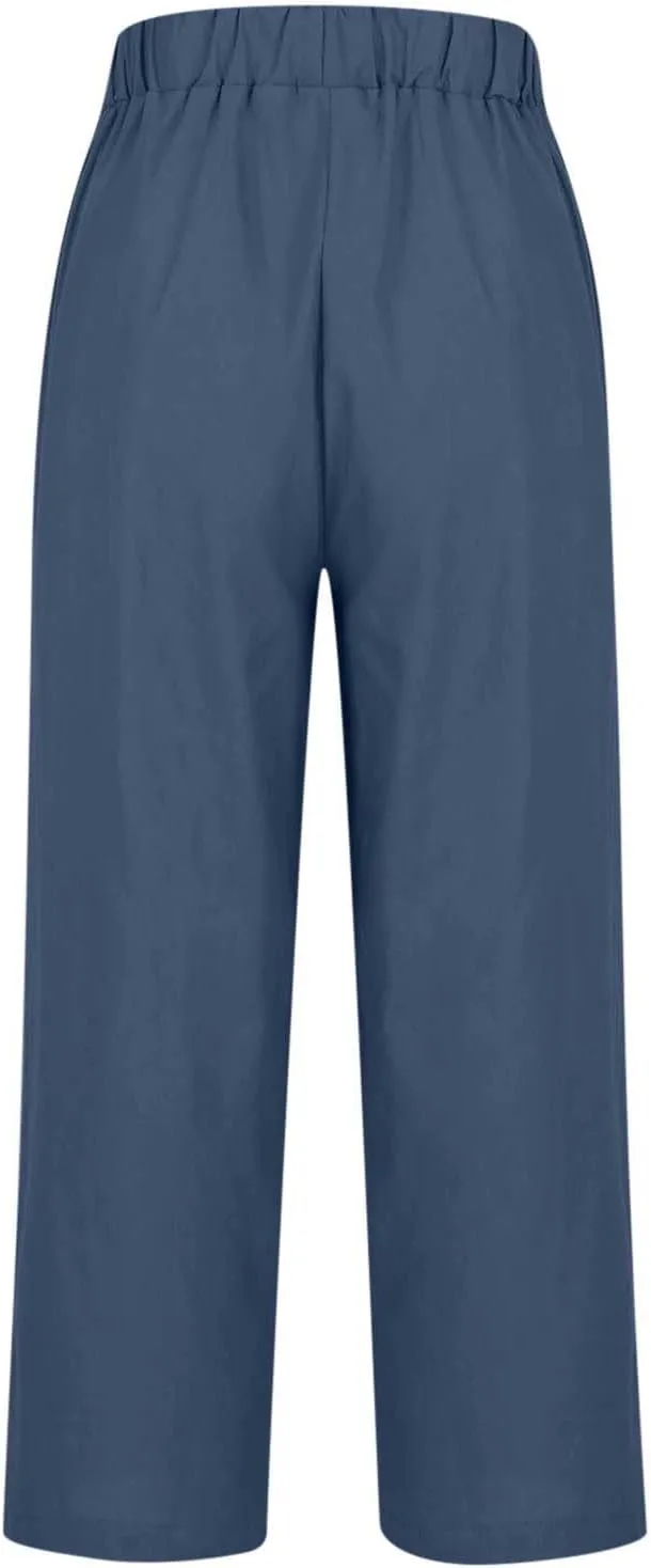 Cotton Linen Cropped Pants for Women 2025 Summer Elastic Waist Straight Wide Leg Boho Beach Trouser with Pockets