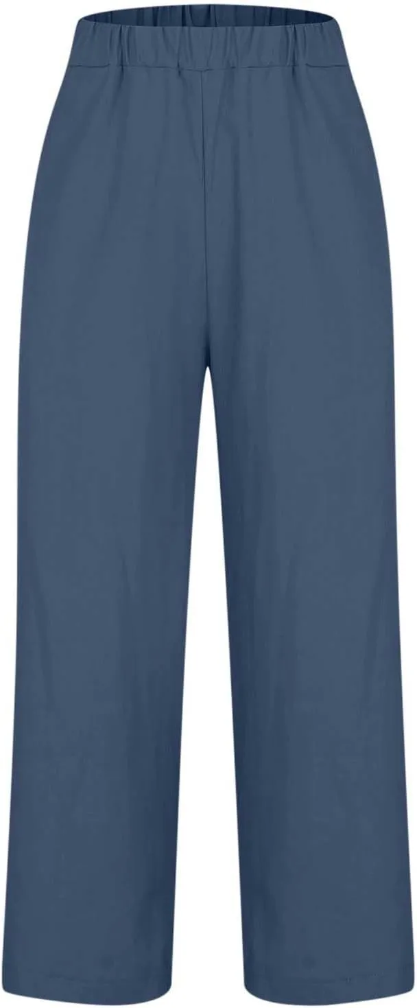 Cotton Linen Cropped Pants for Women 2025 Summer Elastic Waist Straight Wide Leg Boho Beach Trouser with Pockets