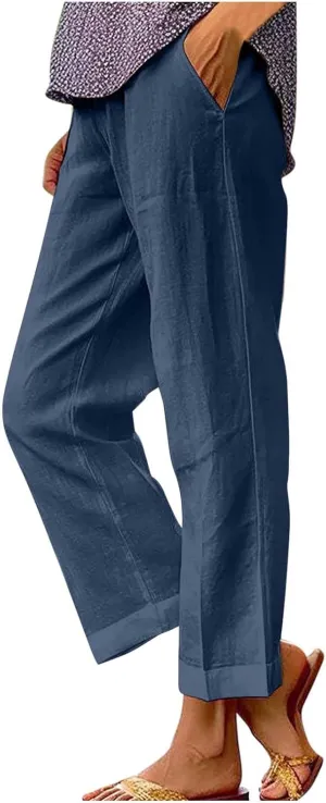 Cotton Linen Cropped Pants for Women 2025 Summer Elastic Waist Straight Wide Leg Boho Beach Trouser with Pockets