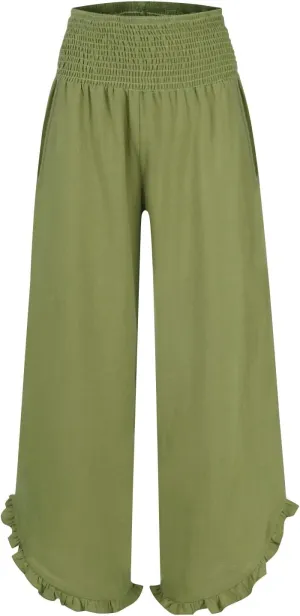 Cotton Linen Pants for Women 2025 Wide Leg Ruffle Hem Elastic High Waist Palazzo Long Pant Flowy Hem Lounge Trousers