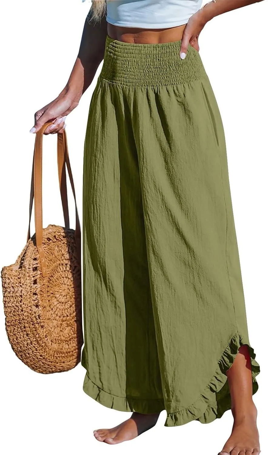 Cotton Linen Pants for Women 2025 Wide Leg Ruffle Hem Elastic High Waist Palazzo Long Pant Flowy Hem Lounge Trousers