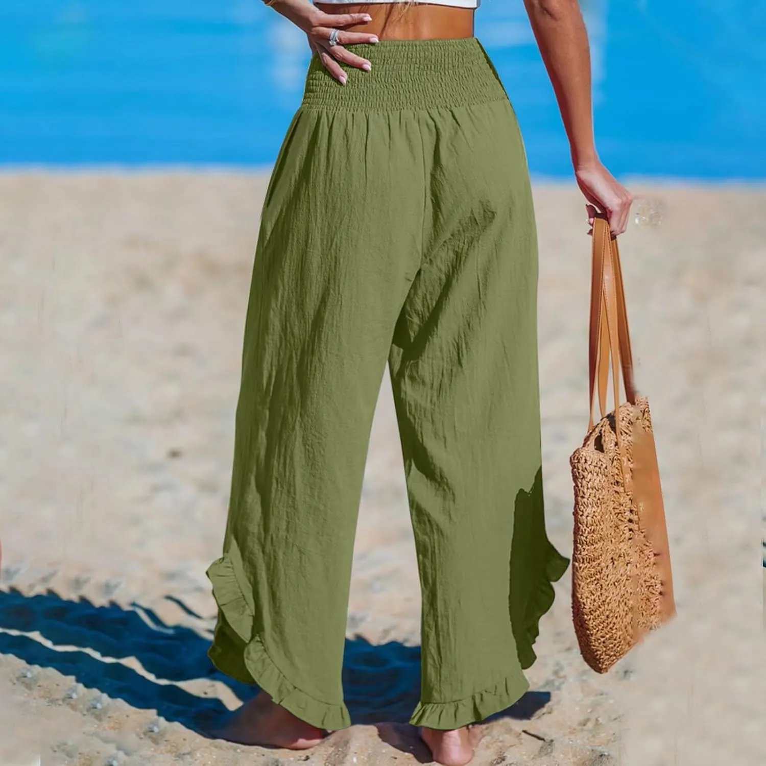 Cotton Linen Pants for Women 2025 Wide Leg Ruffle Hem Elastic High Waist Palazzo Long Pant Flowy Hem Lounge Trousers