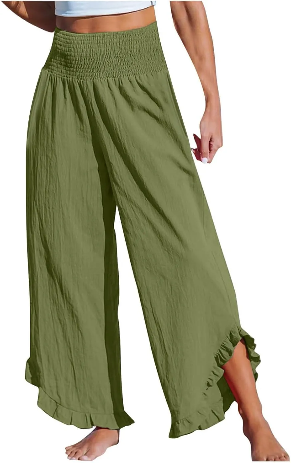 Cotton Linen Pants for Women 2025 Wide Leg Ruffle Hem Elastic High Waist Palazzo Long Pant Flowy Hem Lounge Trousers