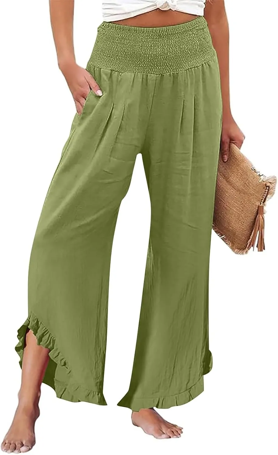Cotton Linen Pants for Women 2025 Wide Leg Ruffle Hem Elastic High Waist Palazzo Long Pant Flowy Hem Lounge Trousers