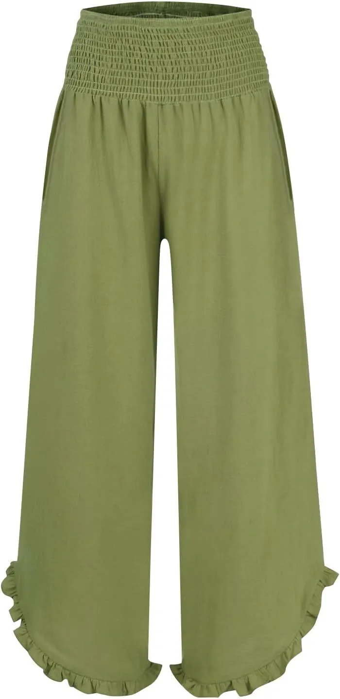 Cotton Linen Pants for Women 2025 Wide Leg Ruffle Hem Elastic High Waist Palazzo Long Pant Flowy Hem Lounge Trousers