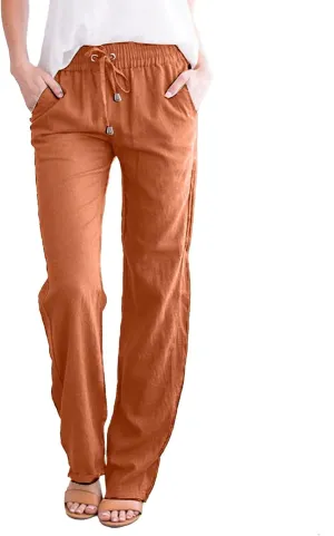 Cotton Linen Pants for Women Printed Capri Pant Plus Size Wide Leg Sweatpants Summer Cropped Elastic Waist Trousers