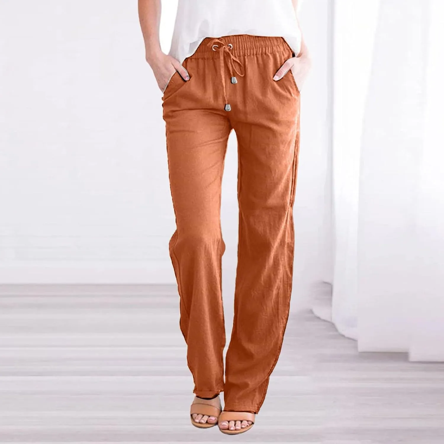 Cotton Linen Pants for Women Printed Capri Pant Plus Size Wide Leg Sweatpants Summer Cropped Elastic Waist Trousers