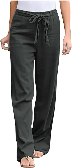 Cotton Linen Pants for Women Summer Palazzo Flowy Pants Wide Leg Beach Pants High Waist Casual Vacation Trouser