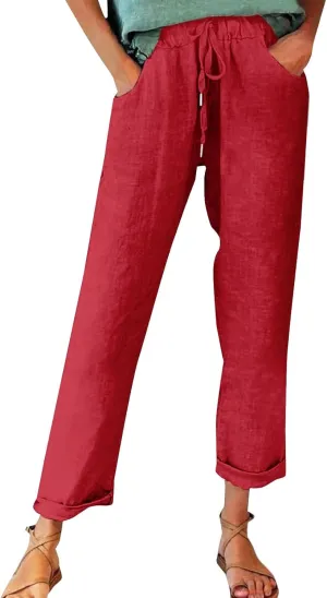 Cotton Linen Pants for Women Vintage Tropical Floral Print Elastic High Waist Drawstring Trousers Summer Beach Pants