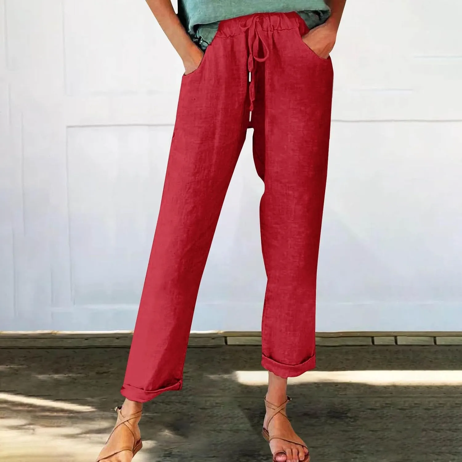 Cotton Linen Pants for Women Vintage Tropical Floral Print Elastic High Waist Drawstring Trousers Summer Beach Pants