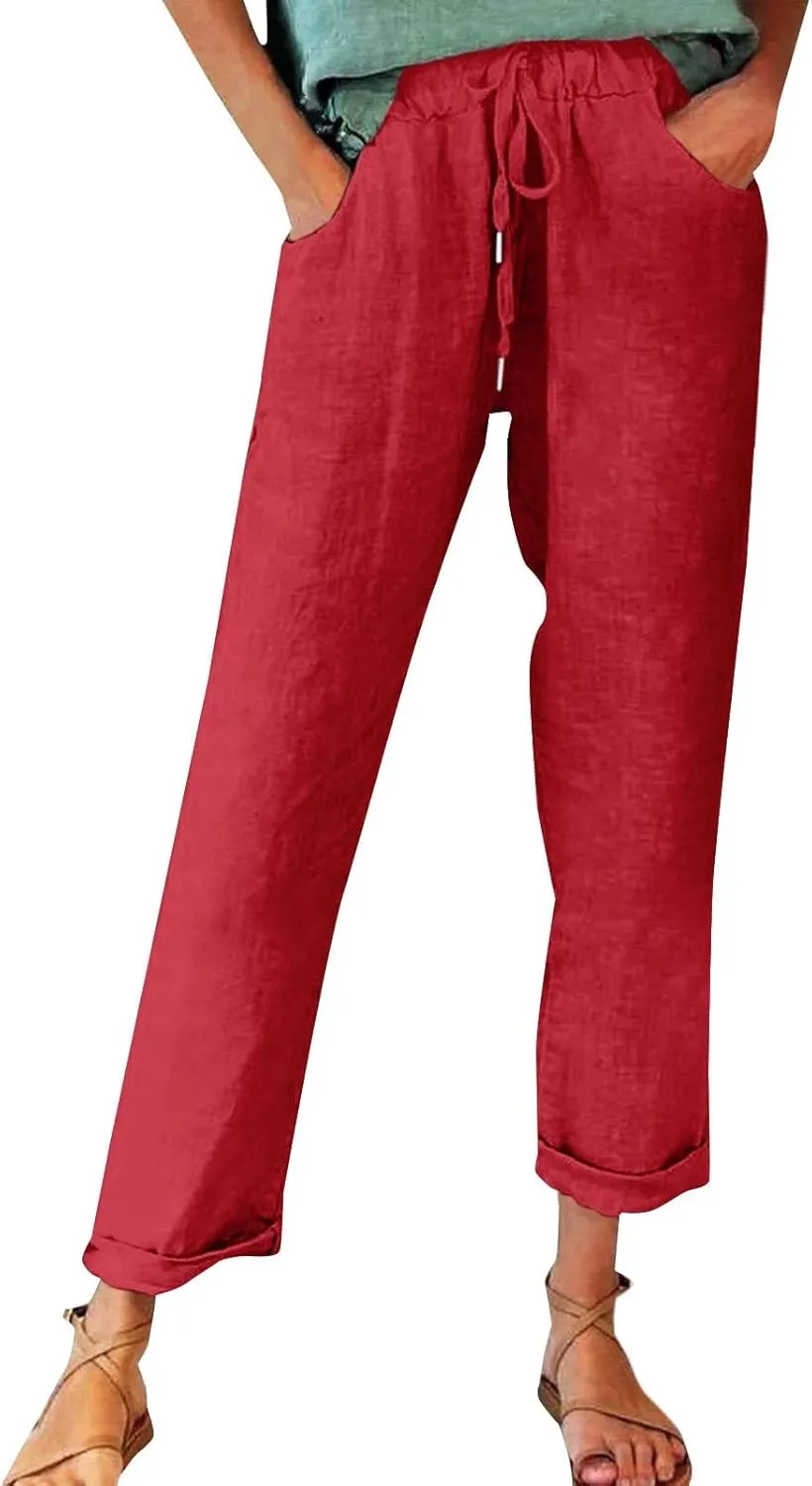 Cotton Linen Pants for Women Vintage Tropical Floral Print Elastic High Waist Drawstring Trousers Summer Beach Pants