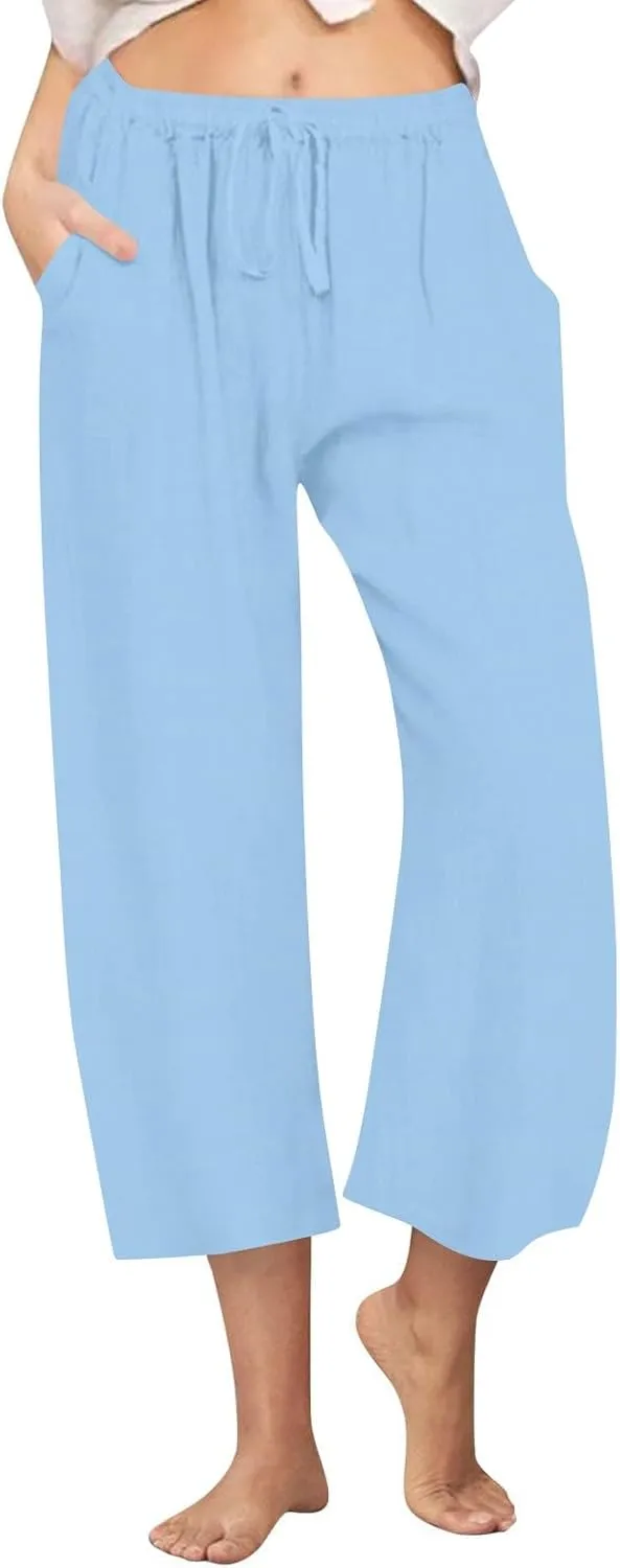 Cotton Linen Pants for Women Wide Leg Cropped Lounge Trousers Drawstring Elastic Waist Summer Beach Pant Outfits