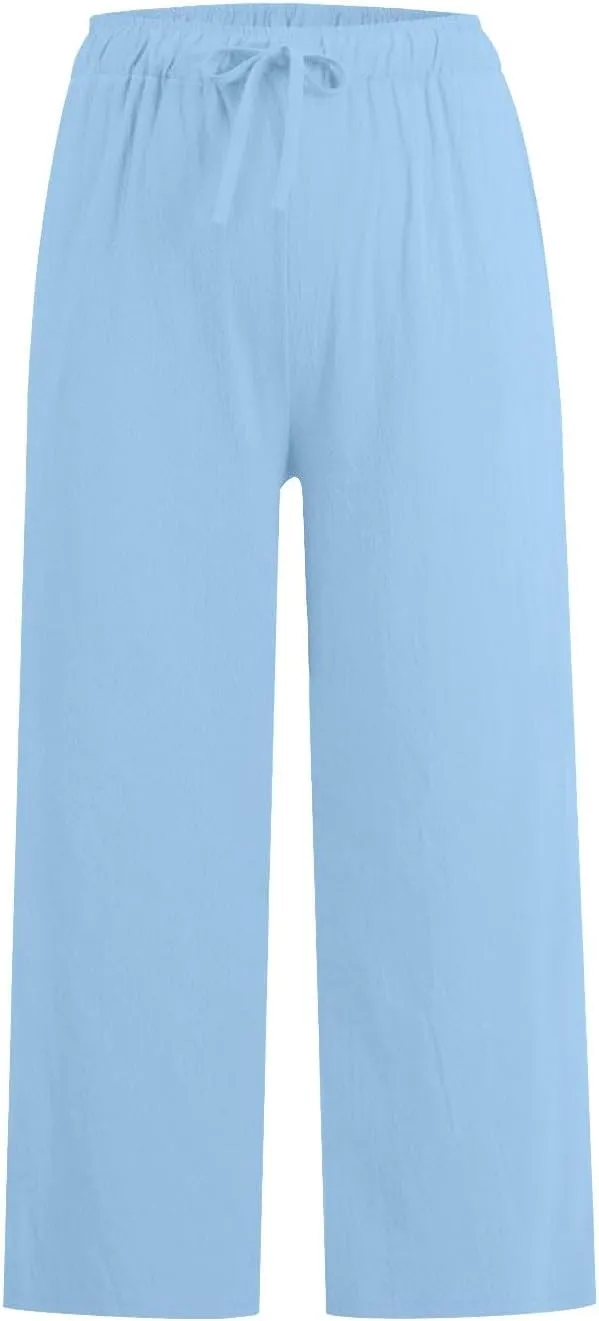 Cotton Linen Pants for Women Wide Leg Cropped Lounge Trousers Drawstring Elastic Waist Summer Beach Pant Outfits