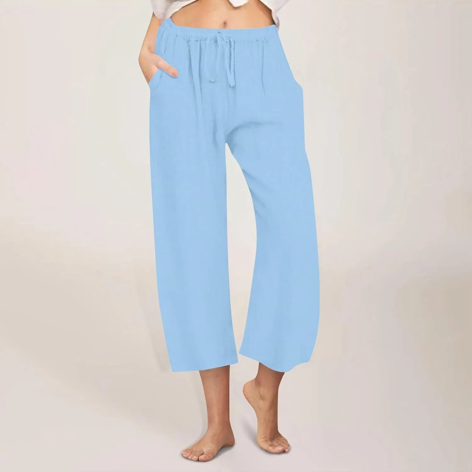 Cotton Linen Pants for Women Wide Leg Cropped Lounge Trousers Drawstring Elastic Waist Summer Beach Pant Outfits