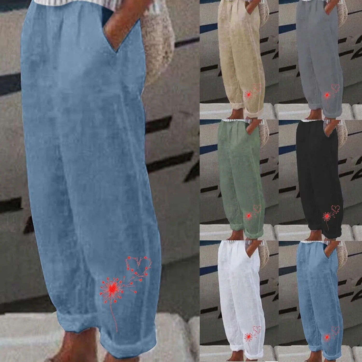 Cotton Linen Pants Women Casual Drawstring High Waist Summer Trousers Loose Fit Lounge Beach Pants with Graphic