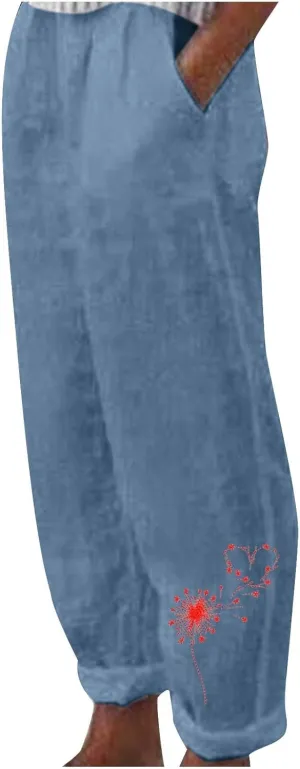 Cotton Linen Pants Women Casual Drawstring High Waist Summer Trousers Loose Fit Lounge Beach Pants with Graphic