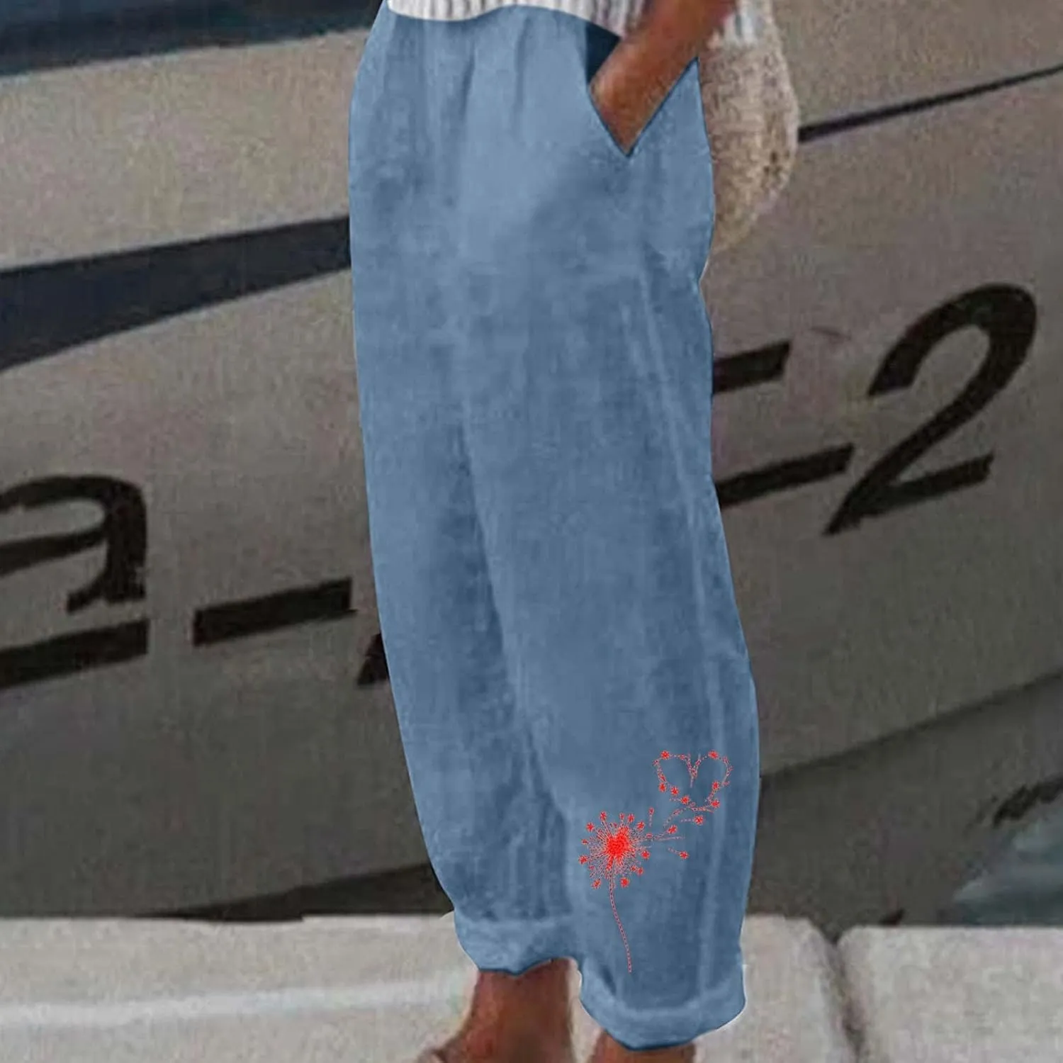 Cotton Linen Pants Women Casual Drawstring High Waist Summer Trousers Loose Fit Lounge Beach Pants with Graphic
